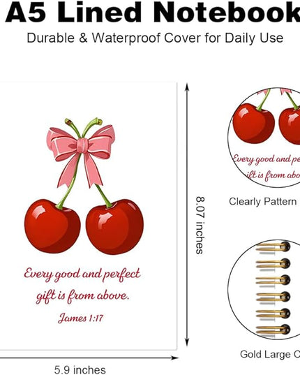 Every Good And Perfect Gift is From Above Spiral Notebook for Office, James 1:17 Bible Verse Journal, Cute Cherry Notebook, Christian Faith Gifts for Women Girls, Preppy Coquette School Supplies