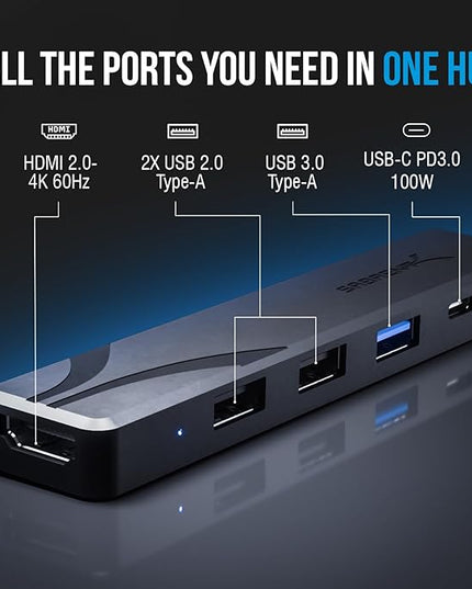 SABRENT USB C Hub, USB C to HDMI 4K@60Hz, Type C Hub Multiport Adapter, 100W Power Delivery, Compatible with MacBook, Laptop (HB-TC5P)