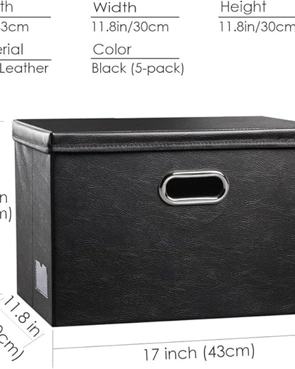 PRANDOM Large Stackable Storage Boxes with Lids [5-Pack] Leather Fabric Foldable Storage Bins Organizer Containers Baskets Cubes with Cover for Bedroom Closet Office Nursery Black(17.7x11.8x11.8)