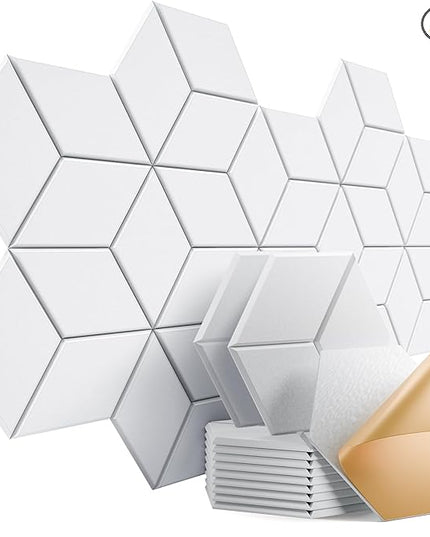 12 Pack Self-Adhesive Acoustic Panels 12" X 10" X 0.4" - Sound Proof Foam Panels with High Density, Stylish Y-Lined Design, Flame Resistant, Absorb Noise and Eliminate Echoes(White)