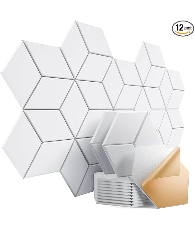 12 Pack Self-Adhesive Acoustic Panels 12" X 10" X 0.4" - Sound Proof Foam Panels with High Density, Stylish Y-Lined Design, Flame Resistant, Absorb Noise and Eliminate Echoes(White)