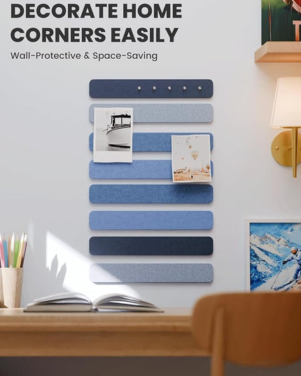 Fluxynara Cork Board Alternative Felt Strip Board 8-Pack 13"x2", Office Pin Board with 50 Push Pins, Adhesive Install for Bedroom Door & Home Office(Denim Mist)
