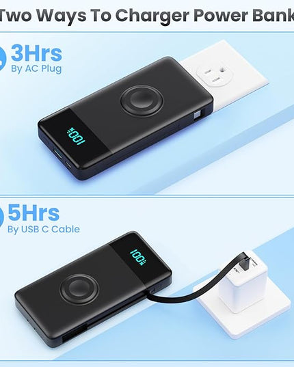 FOCHEW Portable Charger for iPhone with Built in Cables & Wall Plug,6-in-1 10800mah Power Bank with iWatch Charger, QC4.0+25W PD Fast Charging LCD Display Battery Pack for iPhone 16/15/14,Android