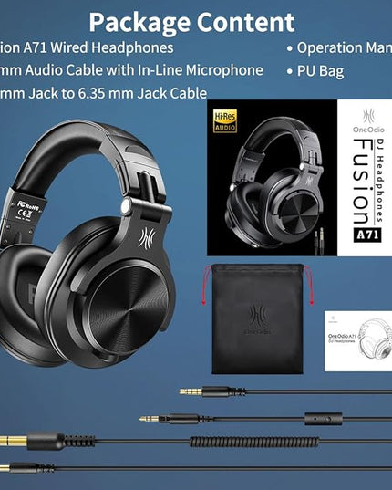 OneOdio A71 Hi-Res Studio Recording Headphones - Wired Over Ear Headphones with SharePort, Monitoring Mixing Foldable Headset with Stereo Sound, 3.5/6.35MM Jack for PC Computer DJ Guitar-Black