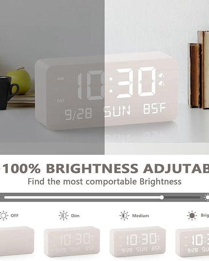 Fomobest Wooden Digital Alarm Clock for Bedroom - Desk Clock with Date, Day of Week, Temperature, Dual Alarms, Dimmer, USB Port Charge, DST, Adjustable Volume for Living Room/Office Wood Decor (White)