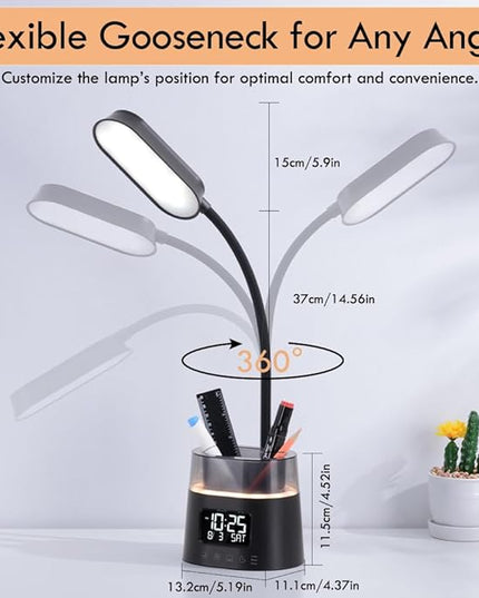 WILIT LED Kids Desk Lamp, Dimmable Study Lamp for Home Office Desk Accessories, with Pen Holder & Clock, USB Charging, RGB Night Light, Bedroom & College Dorm Room Essentials for Girls - Black