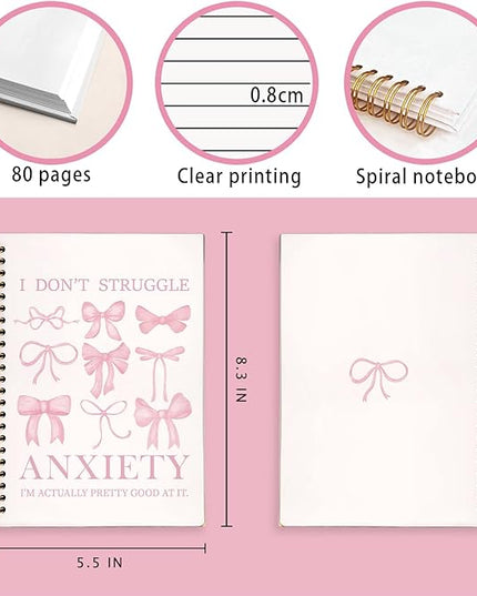 Coquette Pink Bow Mental Health Notebook, Anti Anxiety Gifts Notebooks for Note Taking, Mental Health Journal for Women, Anxiety Relief Pink Journals for Writing, 5.5x8.3 Inch