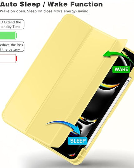 ZryXal iPad Pro 11 Inch Case (M5) 2025/ (M4) 2024 (Model: A2836/A2837/A3006), Trifold Stand Smart Cover with Pencil Holder and Soft TPU Back, Auto Wake/Sleep (Yellow)