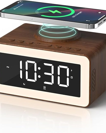 Digital Alarm Clocks for Bedrooms, Bluetooth Speaker, Alarm Clock with Wireless Charging, White/Brown Noise Sound Machine for Sleep with Night Light Wooden Vintage Decor Birthday Gifts for Men, Women