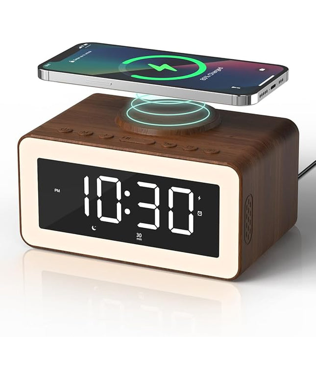 Digital Alarm Clocks for Bedrooms, Bluetooth Speaker, Alarm Clock with Wireless Charging, White/Brown Noise Sound Machine for Sleep with Night Light Wooden Vintage Decor Birthday Gifts for Men, Women