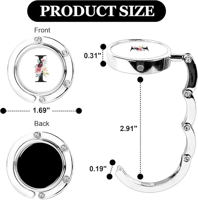 XSUIOY 3Pcs Personalized Initial Foldable Purse Hook for Table,Crushed Flower Letters Folding Purse Hanger,Purse Holder Handbag Hanger Collection Desk Table Bag Hooks Gifts for Women Bag(Black-I)