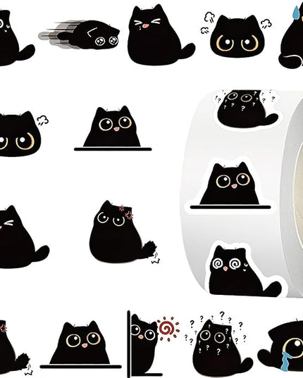 500 Pcs Black Cat Stickers Roll, 10 Styles Cute Cartoon Kitten Sticker, Waterproof Vinyl Cat Party Favors for Journals, Laptops, Scrapbooking Bulk Stickers for School & Birthday Goodie Bags