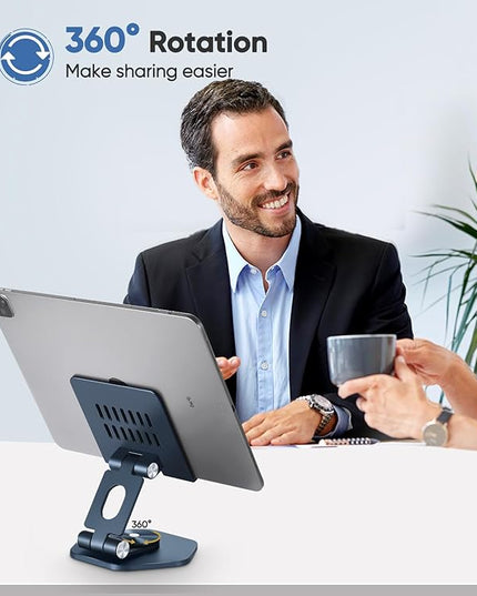 Foldable Aluminum Tablet Stand for Desk, 360° Swivel iPad & Tablet Holder – Portable & Stable Desktop Mount for 5–12.9in Devices, Dark Grey