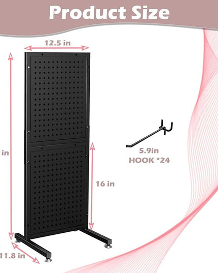 Metal Pegboard Shelf - Peg Board Display Wall Mount with 24 Hooks, 12.5x32.8 In Portable Garage Desktop Pegboard Organizer Retail Display Rack For Jewelry Hair Accessories, Mobile Phone Shop/Black