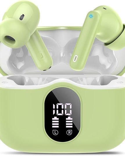 Wireless Earbuds, Bluetooth 5.4 Headphones Bass Stereo, Ear Buds with Noise Cancelling Mic, LED Display in Ear Earphones Clear Calls, IP7 Waterproof Bluetooth Earbuds for Laptop/Phones, Grass Green