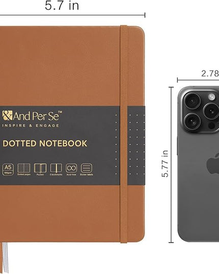 &And Per Se Dotted Journal Notebook, A5 Hardcover Leather Bullet Dotted Journal, 160 Pages 100 gsm Thick Paper, 3 Sheets of Stickers Included- 5.7'' x 8'' (Light Brown)