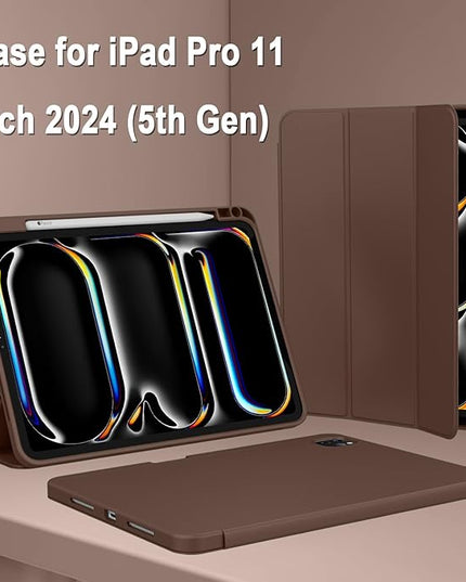 ZryXal iPad Pro 11 Inch Case (M5) 2025/ (M4) 2024 (Model: A2836/A2837/A3006), Trifold Stand Smart Cover with Pencil Holder and Soft TPU Back, Auto Wake/Sleep (Chocolate)