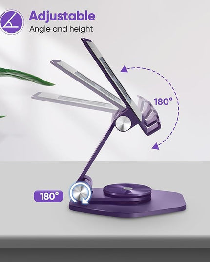 Foldable Aluminum Tablet Stand for Desk, 360° Swivel iPad & Tablet Holder – Portable & Stable Desktop Mount for 5–12.9in Devices, Purple