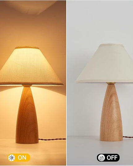 Bedside Table Lamp for Bedroom, Mid-Century Modern Plug in Fabric Shade & Solid Wood Base Desk Lamp, Plug & Play Yellow Wood Nightstand Lamp for Living Room, Office 【Bulb Included】