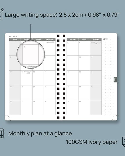 POPRUN 2026 Planner Weekly Notebook (Jan-Dec), Small Size 4''x 6.25'' - 2026 Pocket Calendar for Purse with Spiral Soft Cover, Plastic Ruler, Inner Pocket, 100 GSM - Lilac