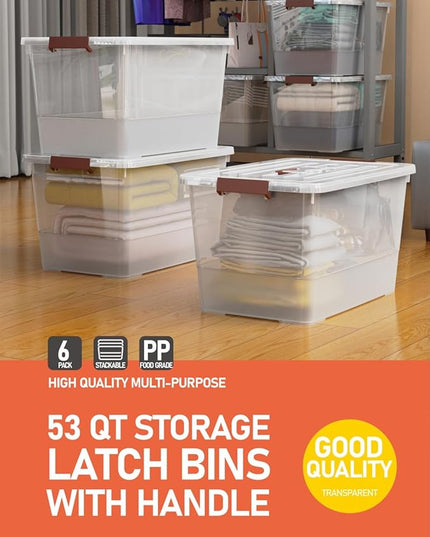 53 quart Clear Plastic Storage Bin with Lids and Latch Buckle, Tote Organizing Box Stackable and Nestable, Set of 6