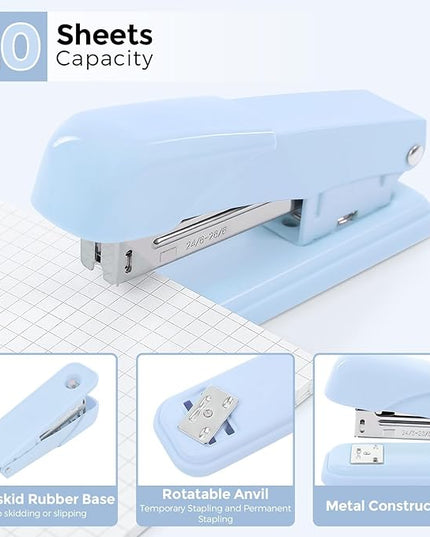 SKYDUE Blue Office Desk Accessories, Blue Office Supplies, Stapler, Tape Dispenser, Scissors, Clips and 1000pcs Staples,Desk Supplies for Women
