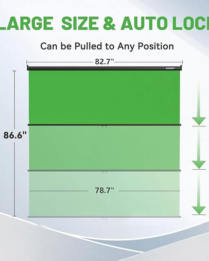 RAUBAY Retractable Pull Down Green Screen - 78.7" x 86.6" Collapsible Wall-Mount Background for Professional Video Production, Chroma Key Backdrop for YouTube, TikTok, Streaming, Video Conferencing