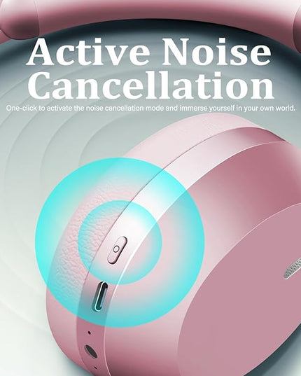 Wentronic Y04 Bluetooth Headphones Active Noise Cancelling Wireless Over Ear Headphones 48 Hours Playtime High Sound Quality Foldable Headphones with Soft Ear Cushion for Travel - Pink