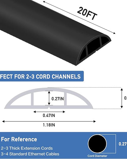 Floor Cord Cover Self Adhesive Cord Hider Floor Extension Cord Covers for Floor Power Cord Protector Cable Management Prevent Cable Trips Cable Cavity 0.47" W x 0.27" H (Black, 20Ft)