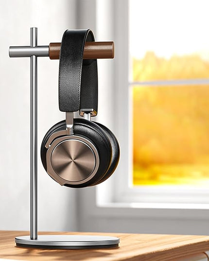 Oak Headphone Stand, Wood Headset Stand for Desk, Universal Holder for Airpods max, Bose, Beats, Gaming, Apple Vision Pro, VR Display Stand (Silver)