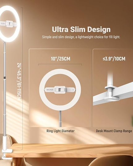 NEEWER Entry Level Version 10" 7W LED Selfie Ring Light with Desk Clamp Stand Phone Holder for iPhone, Laptop Video Conference Streaming Recording Makeup Lighting, 3 Tones 3000mAh Rechargeable, N16