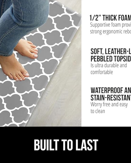 GORILLA GRIP 2 Pack Comfortable Cushioned Kitchen Mats for Floor, 17x29 + 17x59, Waterproof, Stain Resistant, 1/2 Inch Thick Ergonomic Standing Desk Anti Fatigue Mat, Foam Supports Feet, Grey White