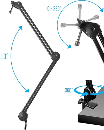 AxcessAbles Large Heavy Duty Desk Mounted Microphone Boom Stand with 3.3ft Extension and 6ft XLR Cable | 5LB Capacity | Podcast Boom for Large Condenser Mic | Desktop Boom Mic Stand