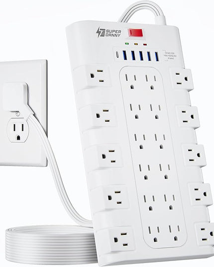Flat Plug Power Strip, SUPERDANNY Surge Protector with 22 AC Outlets and 6 USB Charging Ports, 1875W/15A, 2100 Joules, 6.5Ft Heavy Duty Extension Cord for Home Office, Dorm, Gaming Room, White