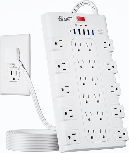 Flat Plug Power Strip 10Ft, SUPERDANNY Surge Protector with 22 AC Outlets and 6 USB (1 USB-C), 1875W/15A, 2100 Joules, Heavy Duty Extension Cord 10 ft for Home, Office, Dorm, Gaming Room, White
