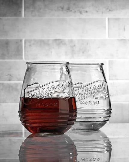 Glaver's Stemless Wine Glasses 21 Oz. Set Of 4 Original Mason Vintage Goblet Beverage Glasses Uses For Your Cocktail Lounge, Whiskey Parties, and Everyday Dinner Table. Dishwasher Safe. (Large)