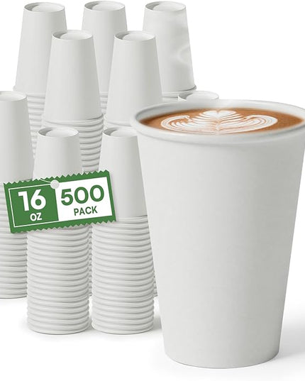 White Paper Cups 16 oz Disposable Coffee Cups, 500 Pack BPA Free Leak Proof Hot Cups,300GSM Thickened Disposable Cups,Unbleached Hot Cold Drink Cups for Everyday Home Office Coffee Bar Party Supplies