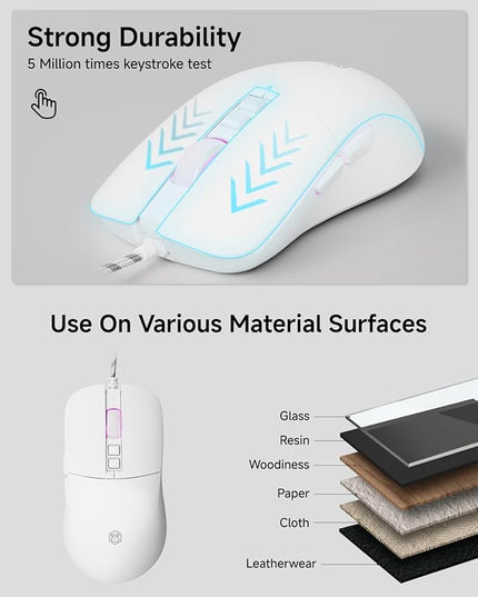 EWEADN G309 Wired Mouse, 7-Button Ergonomic Computer Corded Mouse with 2400 DPI, 4 Adjustment Levels DPI, Optical Office USB Mice with 5FT Cord for Laptop, PC, Desktop, MacBook-White
