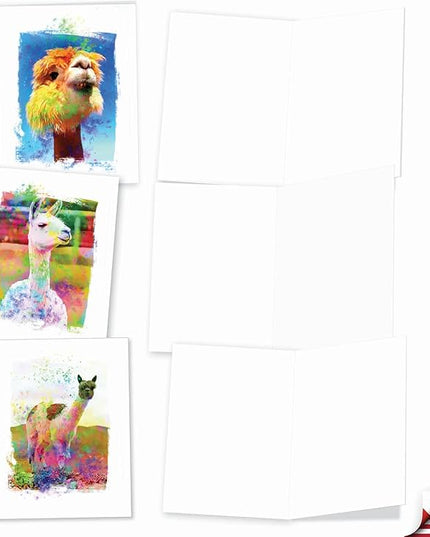 The Best Card Company Assorted Animal Watercolor Blank Greeting Card Box Set - Incl. 10 Unique Notecards Designs + Envelopes for Thank You, Invitations - Funky Rainbow Llamas AM6862OCB-B1x10