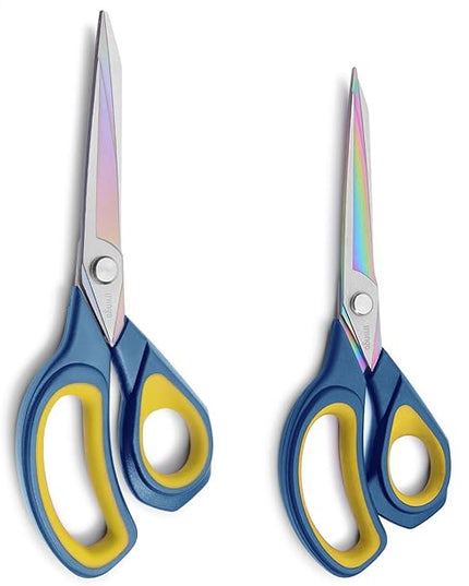 LIVINGO 2 Pack Sharp Fabric Scissors - Heavy Duty Scissors All Purpose, Titanium Coated Forged Sewing Shears for Tailor Dressmaking Crafting Cutting Clothes Leather, 8.5" & 9.5", Blue & Yellow