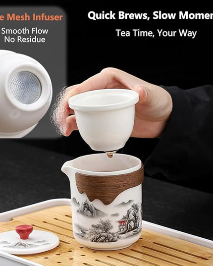 Portable Chinese Kung Fu Tea Set with Removable Infuser - 6 Cup Ceramic Travel Tea Set for Home, Office, or Outdoor Use