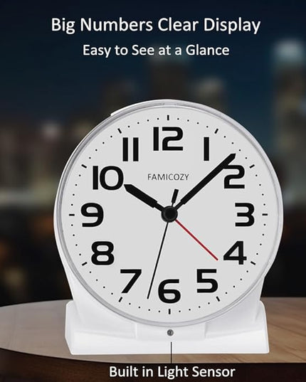 FAMICOZY Automatically Backlighted Alarm Clock,Silent No Ticking for Seniors Vision Impaired,Easy to Set,Big Numbers,Ascending Alarm,Gentle Wake,Snooze,2 AA Battery Operated,White