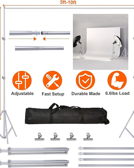 6.5 x 10ft Adjustable Backdrop Stand Kit,Heavy-Duty Photography Background Support System with Clamps & Carry Bag,Photo Video Studio Backdrop Stand for Parties,Weddings,Green Screen & Banner Display