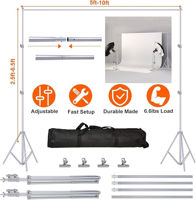 6.5 x 10ft Adjustable Backdrop Stand Kit,Heavy-Duty Photography Background Support System with Clamps & Carry Bag,Photo Video Studio Backdrop Stand for Parties,Weddings,Green Screen & Banner Display