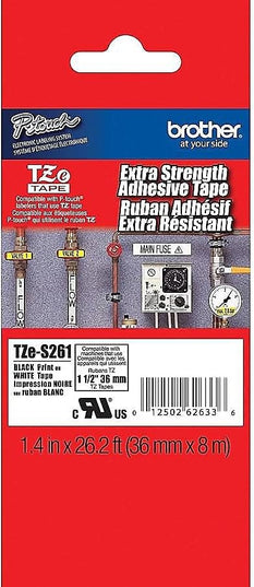 Brother Laminated Extra-Strength Black on White 1 1/2 Inch Tape in Retail Packaging (TZeS261)