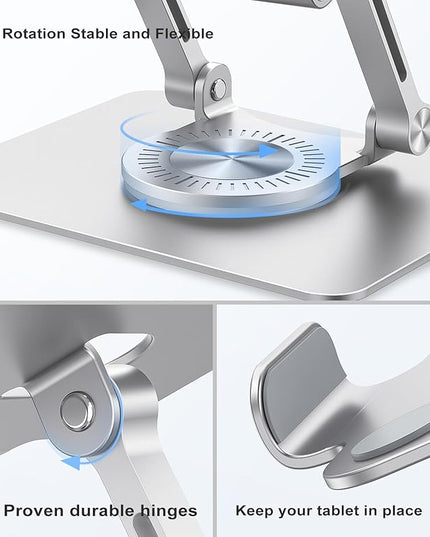 Tablet Stand Adjustable with 360° Swivel Base Aluminum Tablet Stand Holder for iPad/Samsung/iPad Pro Air Mini/Galaxy/Switch, Sliver