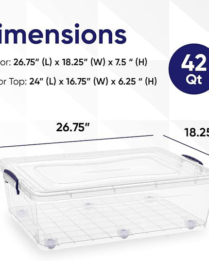 Superio Storage Bins with Lids- Clear Boxes for Organizing, Stackable Plastic Containers- BPA Free, Non-Toxic, Odor Free, Organizer for Home, Office, Dorm (6 Pack, 42 Qt (Under Bed-Wheeled))