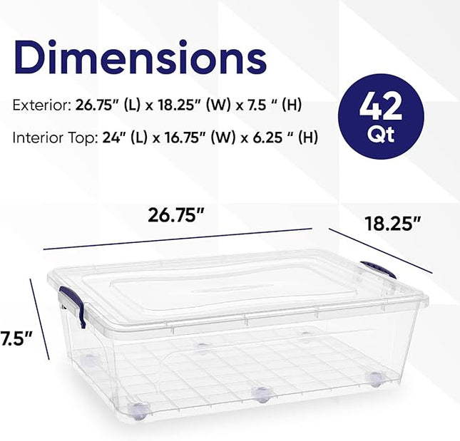 Superio Storage Bins with Lids- Clear Boxes for Organizing, Stackable Plastic Containers- BPA Free, Non-Toxic, Odor Free, Organizer for Home, Office, Dorm (6 Pack, 42 Qt (Under Bed-Wheeled))