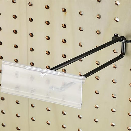 Tandefio 50 Pack 11 Inch Black Metal Peg Board Hooks with Clear Plastic Label Holder Stainless Steel Display Pegboard Hooks for 1/8'' to 1/4'' Pegboard Wall for Garage Storage Retail Shop Supplies