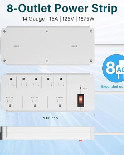 Elecan Surge Protector Power Strip with 8 Ft Extension Cord, 8 Widely Spaced Outlets with Safety Cover, 45 Degree Flat Plug Wall Mountable Multi Outlet Extender, Heavy Duty 14AWG, 1200J/125V,ETL-White